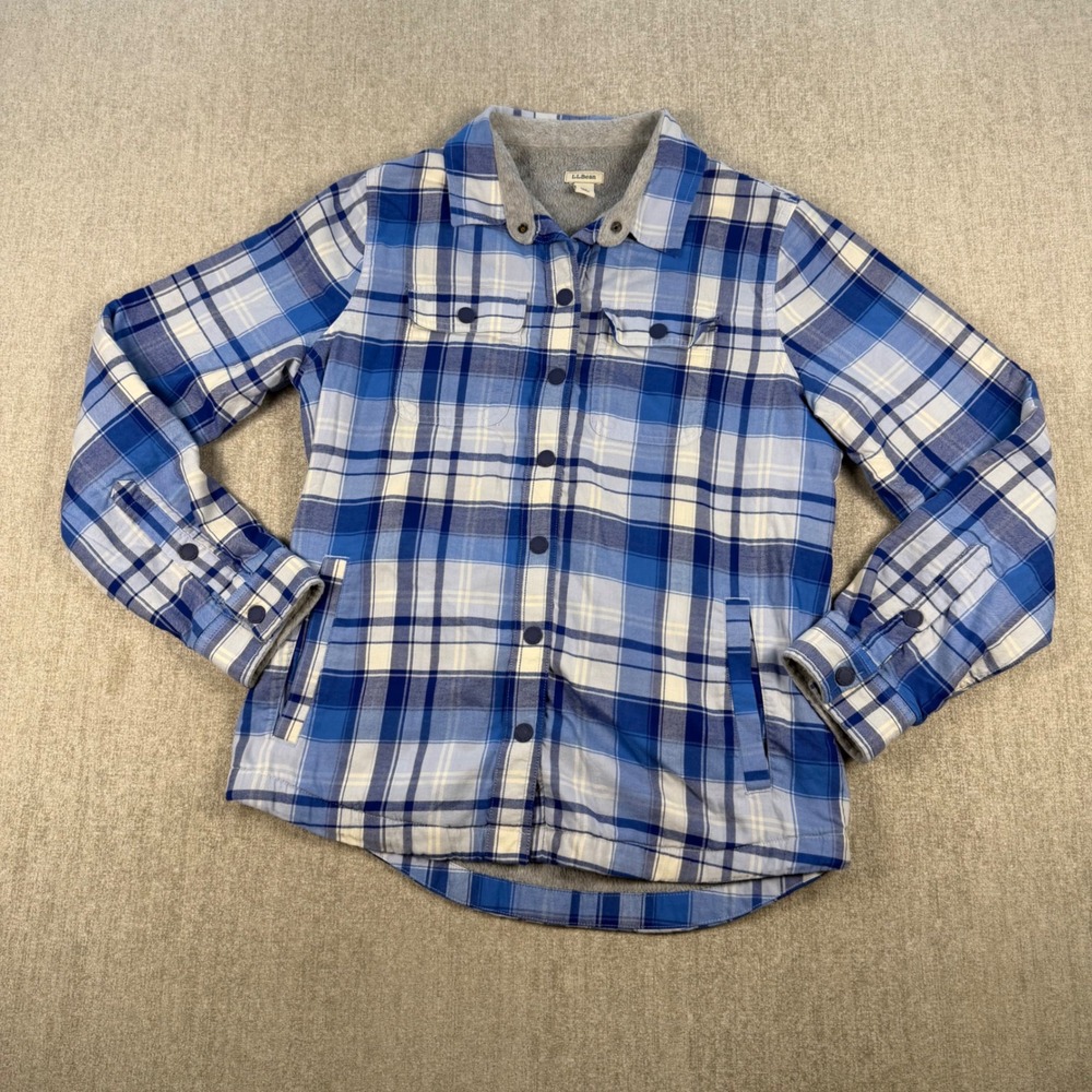 L.L.Bean Shirt Jacket Womens XS Blue Plaid Fleece Lined Snap Front Shacket